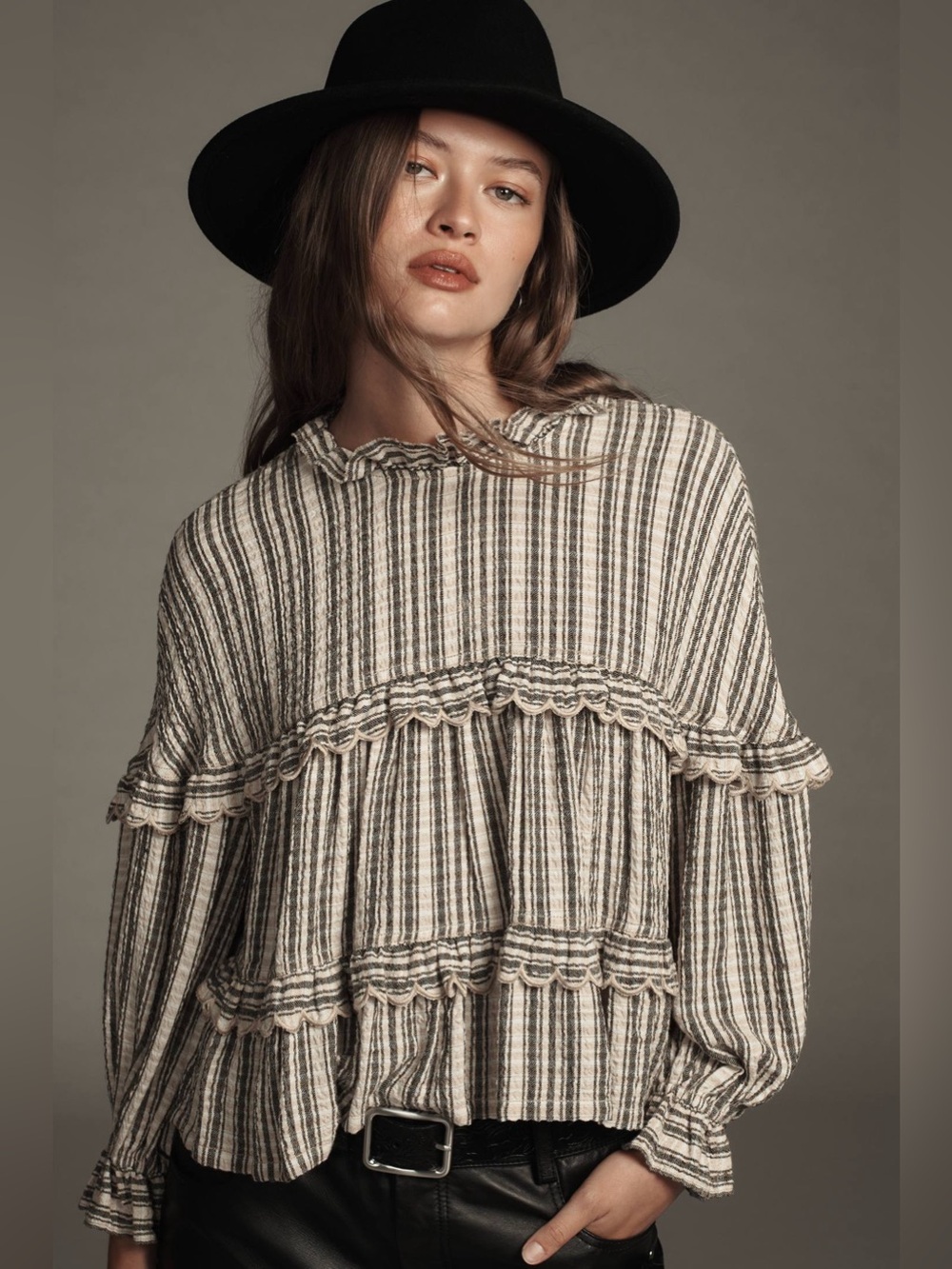 Anthro Pilcro Long-Sleeve Tiered Babydoll Blouse Cottagecore Peasant PrairieRARE